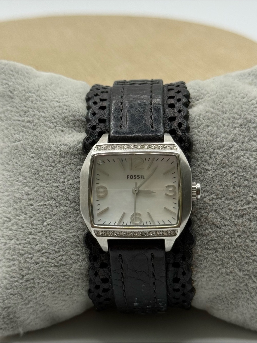 Fossil Black Leather Strap Silver Crystal-Trim Watch
